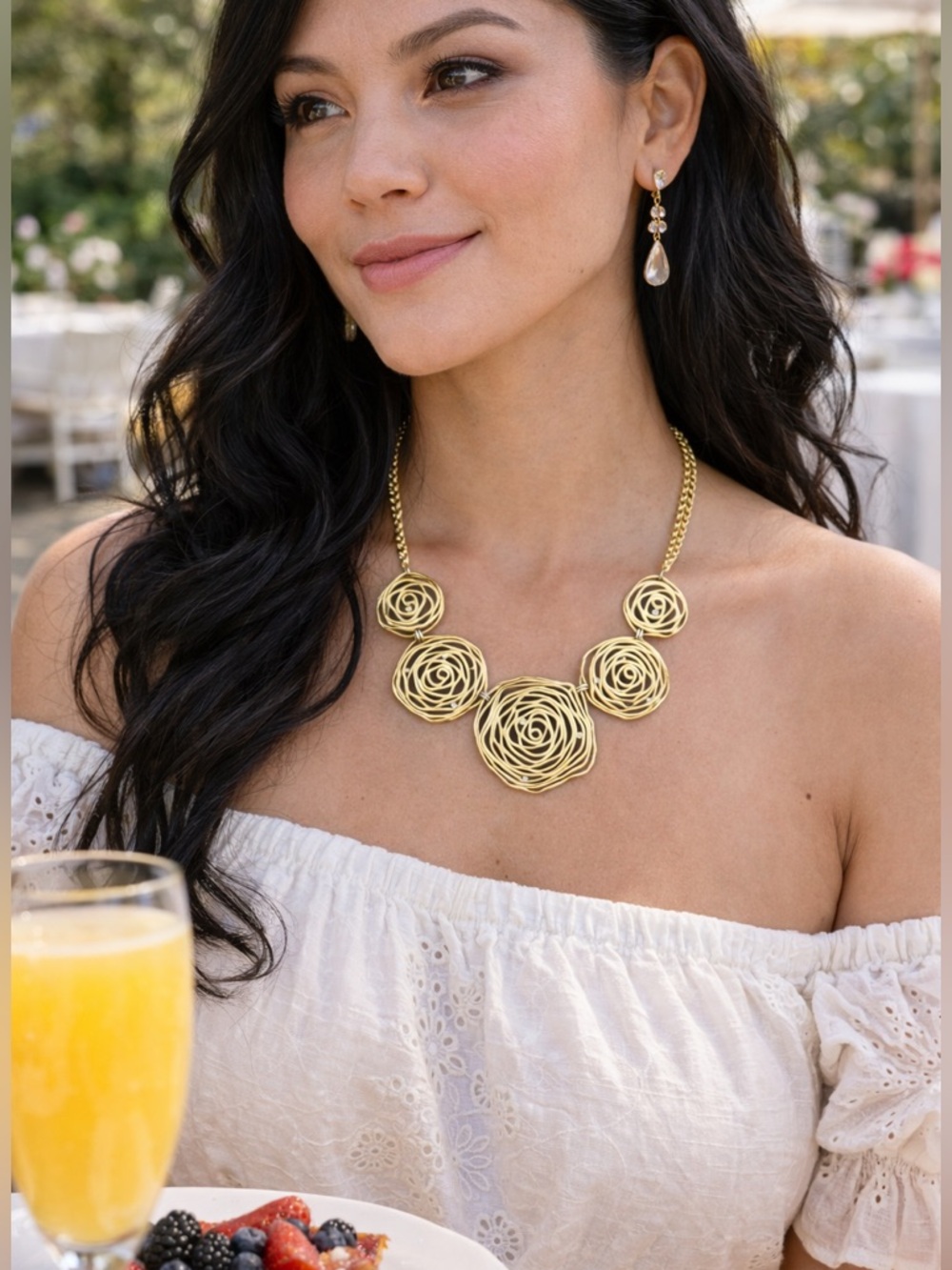 Matte Gold Rose Spiral Statement Necklace Kenilworth Boho Chic